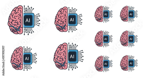 Brain with AI chip implants displayed in various views and sizes