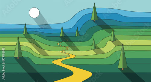 Winding Road Through Rolling Hills and Trees.