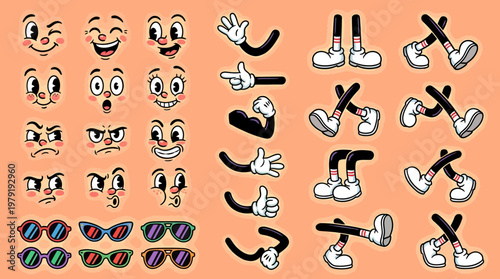 Cartoon faces and body parts with sunglasses on orange background