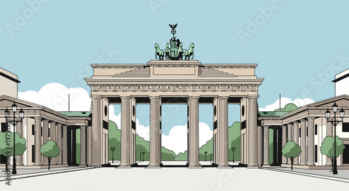 Brandenburg Gate illustration, iconic Berlin landmark, historical monument, neoclassical architecture