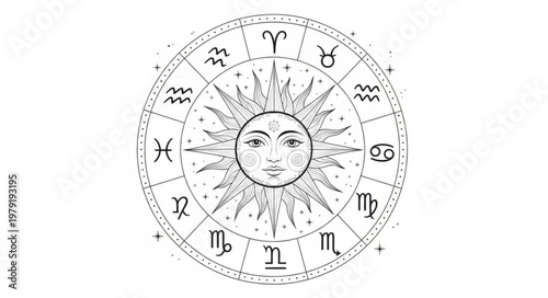 Astrology Zodiac Wheel Sun Face Horoscope Symbols.