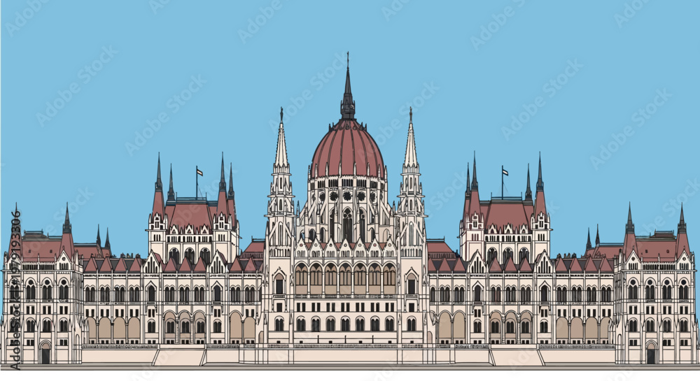 Obraz premium Budapest Parliament Building Facade Vector Illustration