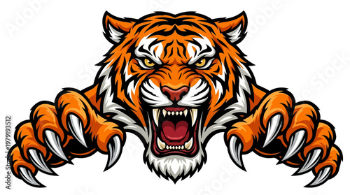 Angry tiger head with sharp teeth and claws outstretched