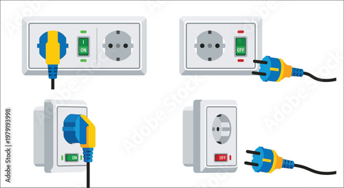 Electrical outlets and plugs in various configurations illustrated with color