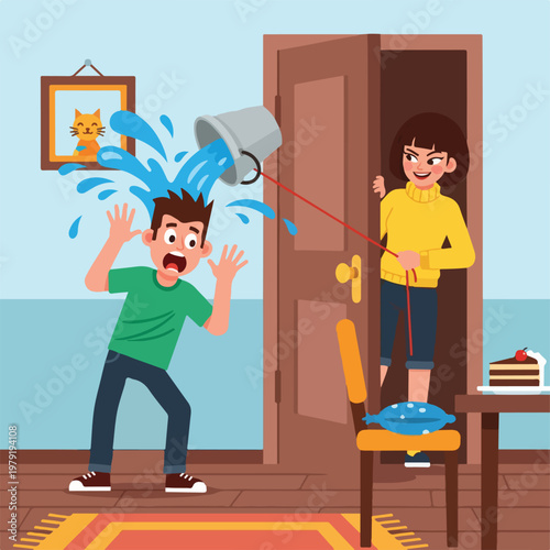 Man getting splashed with water from bucket.