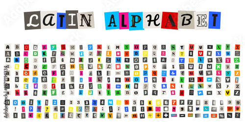Anonymous Ransom Note Style Latin Alphabet with Magazine Cutout Letters and Numbers