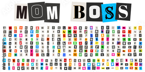 Ransom Note Style Mom Boss Text with Cutout Magazine Alphabet Letters