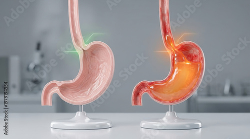 Normal stomach vs acid reflux gerd medical concept showing healthy stomach model beside inflamed stomach with burning acid in clinic background for digestive health and diagnosis