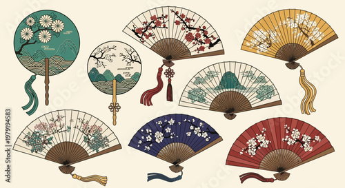 Collection of Traditional Oriental Decorative Fans with Floral and Landscape Designs