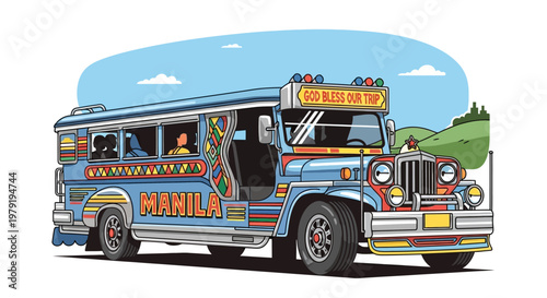 Colorful Filipino Jeepney with Manila text, iconic transport in Philippines