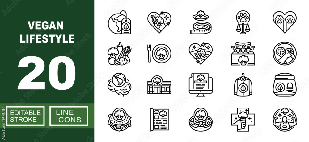 Fototapeta premium Vegan Lifestyle set of web icons in line style. Containing Globe, Heart, Tape, Scale, Vegetables, Plate, Audience, Activism, Brain, Shop, Computer, Shirt, Jar, Burger and more. Editable stroke icons