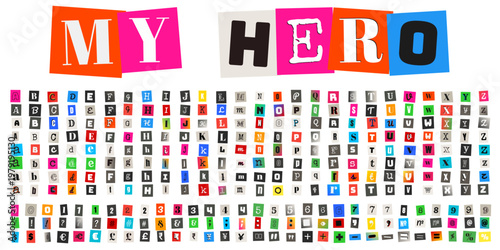 Colorful ransom note style alphabet and numbers for anonymous letters, collage art, and punk zine design