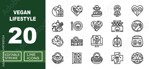 Vegan Lifestyle set of web icons in line style. Containing Globe, Heart, Tape, Scale, Vegetables, Plate, Audience, Activism, Brain, Shop, Computer, Shirt, Jar, Burger and more. Editable stroke icons