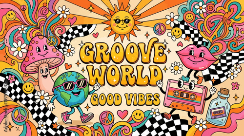 Groove world good vibes colorful cartoon illustration
