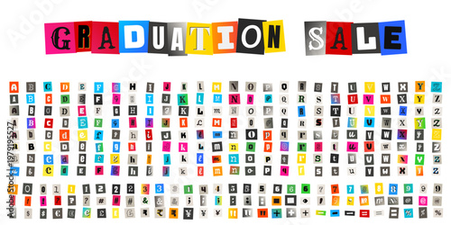 Ransom Note Style Graduation Sale Banner with Cutout Alphabet and Numbers