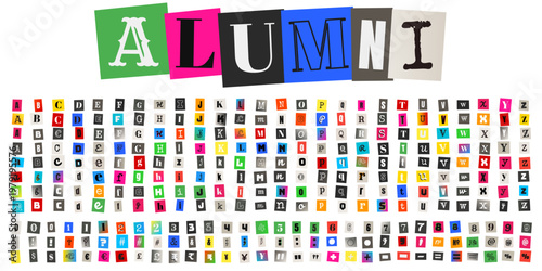 Ransom Note Style Alumni Text with Cutout Alphabet and Numbers for School Reunion