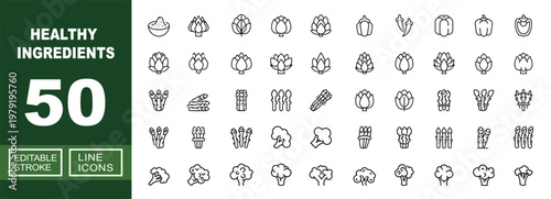 Healthy Food Healthy Ingredients set of web icons in line style. Containing bowl, artichoke, cabbage, lettuce, pepper, chili, asparagus, sprout, celery and more. Editable stroke