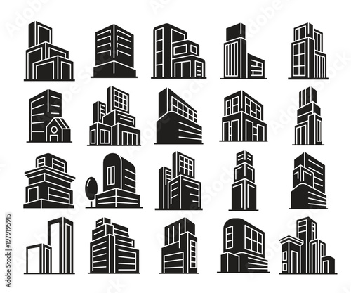 office and city building tower icons set vector illustration