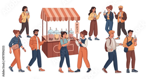 Diverse people enjoying bubble tea from a street vendor stall, vibrant lifestyle illustration