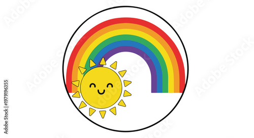 Smiling Sun with Rainbow in Circle.