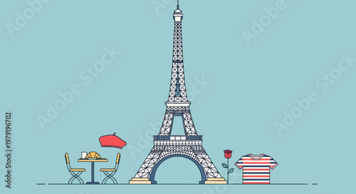 Eiffel Tower Parisian Cafe Scene Flat Illustration