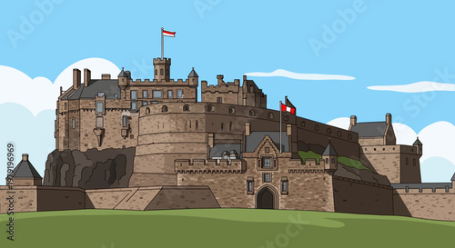 Edinburgh Castle illustration, historic fortress on volcanic rock, Scotland landmark
