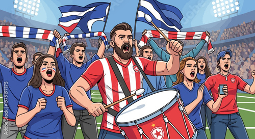 Excited Football Fans Cheering with Drum and Flags in Stadium