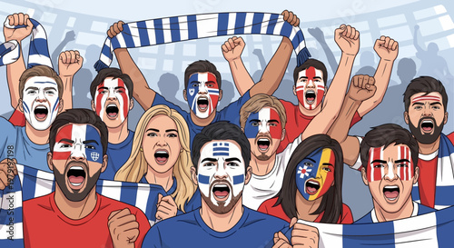 Excited Football Fans Cheering with Face Paint and Flags at Stadium
