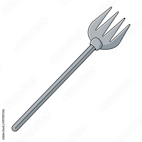a gray metal trident or three-pronged fork with a long straight handle and rounded connecting joint, featuring four curved tines at the top.