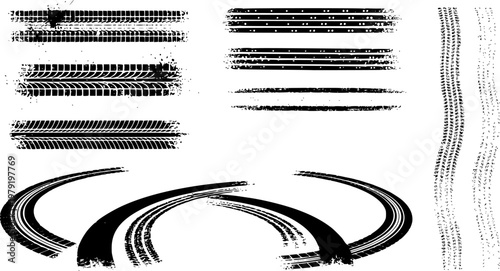 Tire tread patterns, wheel tracks, skidding, braking. Tire tracks - car racing, motocross, drag racing, rally, drift, off-road. Vector splashes grunge texture. Vector set of wheel treads. EPS version.