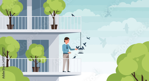 Man feeding birds from balcony, urban nature, sustainable living, green city lifestyle