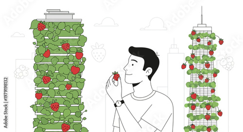 Man enjoys fresh strawberries from vertical urban farm on skyscraper