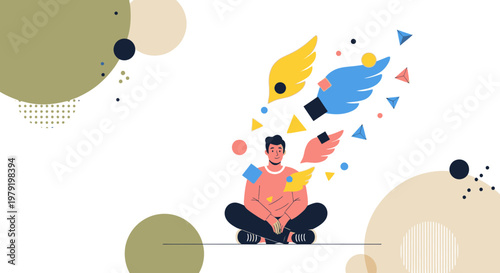 Man Meditating, Ideas Flying, Creativity, Imagination, Mindfulness, Inspiration, Abstract Shapes