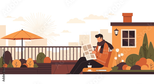 Man Reading Newspaper on Rooftop Terrace with Coffee, Autumn Morning Sun