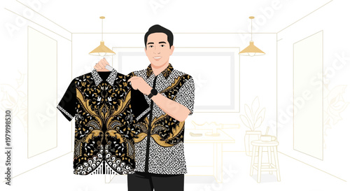 Man proudly displays traditional Indonesian batik shirt in a modern room
