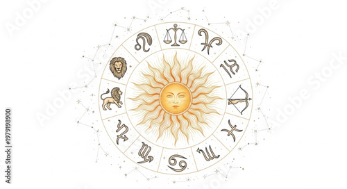 Astrology Zodiac Wheel with Sun and Symbols.