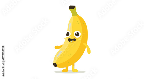 Funny Cartoon Banana Character Standing with Arms Outstretched, Isolated on White Background