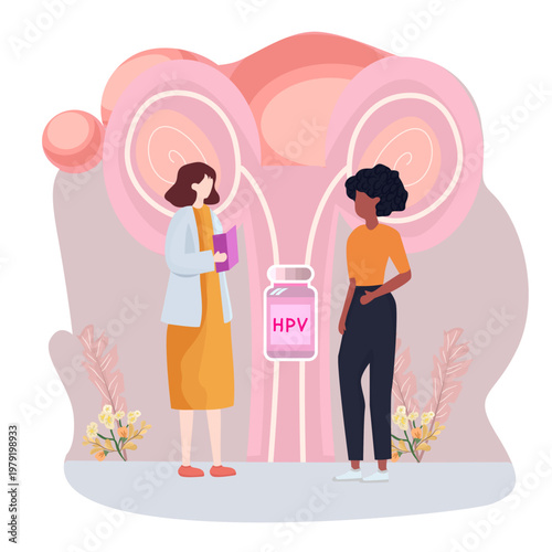 Flat vector illustration of a female doctor explaining HPV vaccination to a patient. Concepts include cervical cancer prevention and women's healthcare isolated on a neutral background