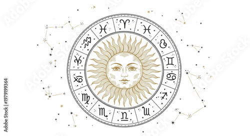 Astrology Zodiac Wheel with Sun Face and Constellations.