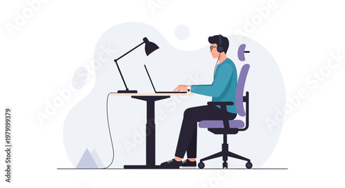 Man Working on Laptop at Desk with Headphones and Desk Lamp