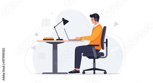 Man working on laptop at desk with headphones, illustration, remote work concept