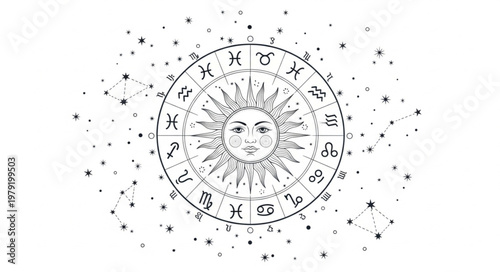 Astrology Zodiac Wheel with Sun Face and Stars.