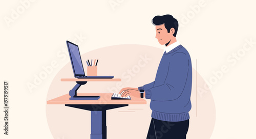 Man Working on Laptop at Standing Desk, Ergonomic Workspace, Healthy Lifestyle