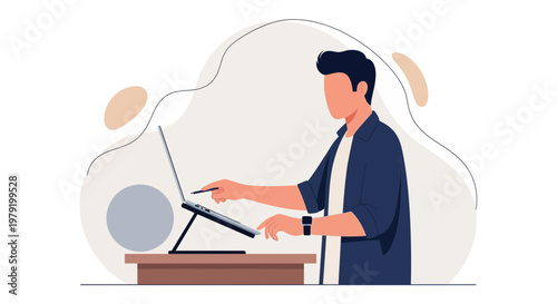 Man working on laptop on desk, modern flat illustration, remote work concept