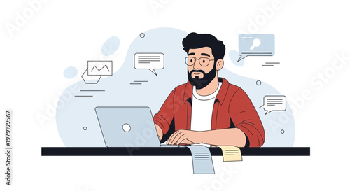 Man working on laptop with charts and chat bubbles, modern office illustration