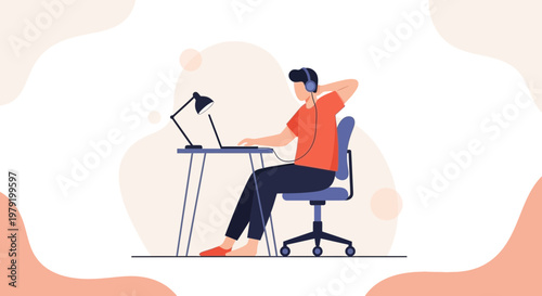 Man Working on Laptop with Headphones at Desk, Remote Work Concept