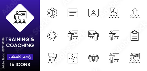 Training and coaching line icons collection. Big UI icon set in a flat design. Thin outline icons pack. Vector illustration