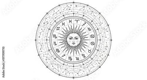 Astrology Zodiac Wheel with Sun Face and Symbols.