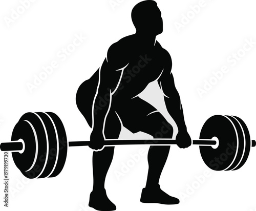 Dynamic black and white silhouette of a weightlifter performing a deadlift exercise with barbell and heavy plates