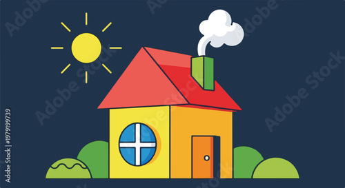 Yellow House with Red Roof Cartoon.